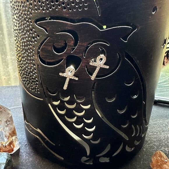 Ankh Cross Sterling Silver CZ Earrings - Picture 4 of 5